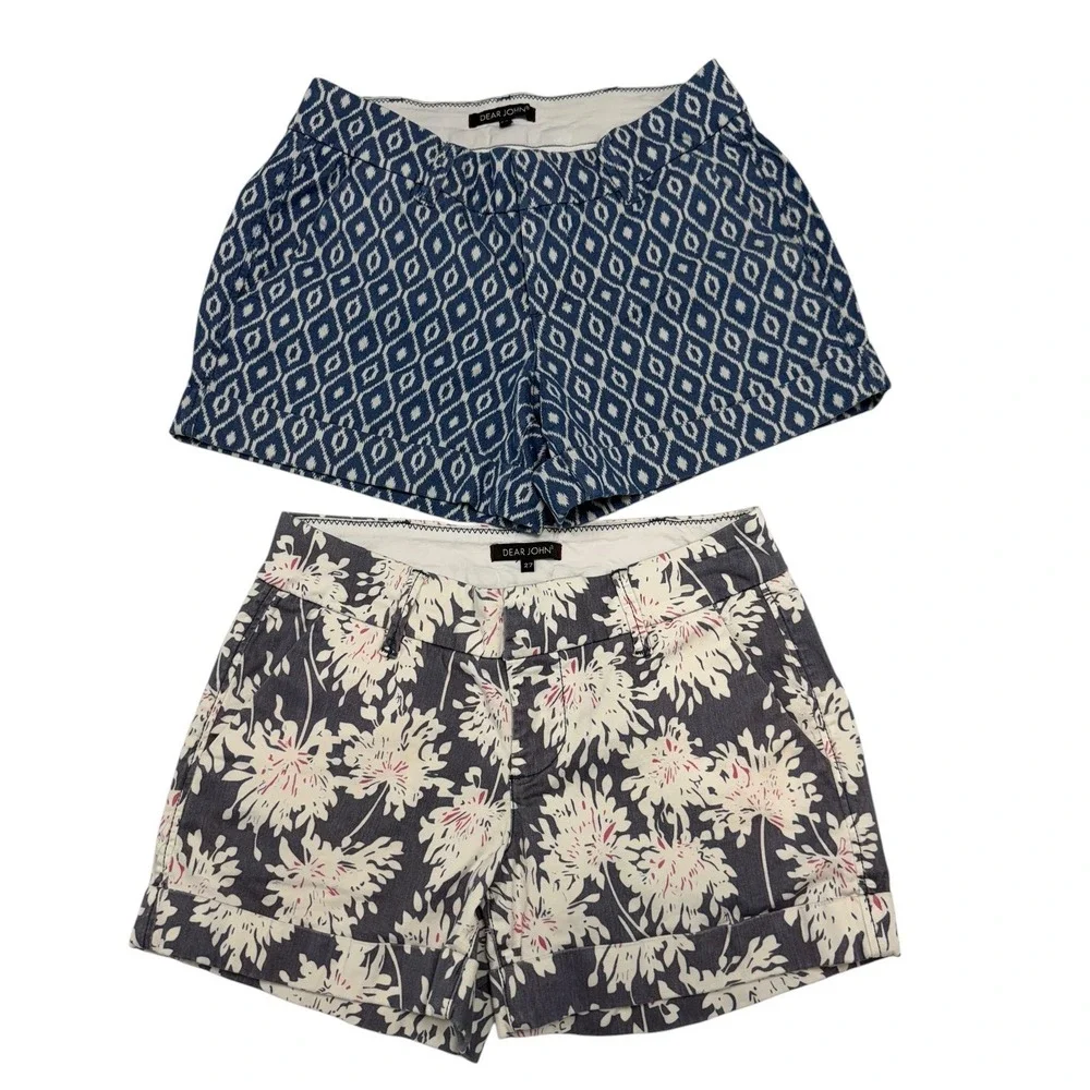 Dear John Womens Shorts Bundle Size 27 Blue Geometric‎ Grey Floral Cuffed 2 Pack